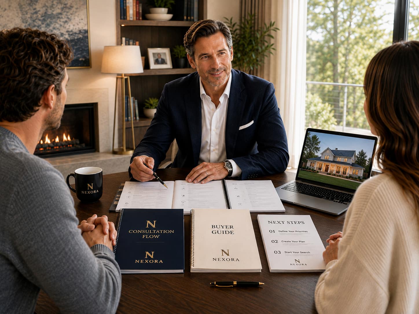 A real estate agent meeting with a couple during a buyer consultation, with Nexora consultation materials on the table.